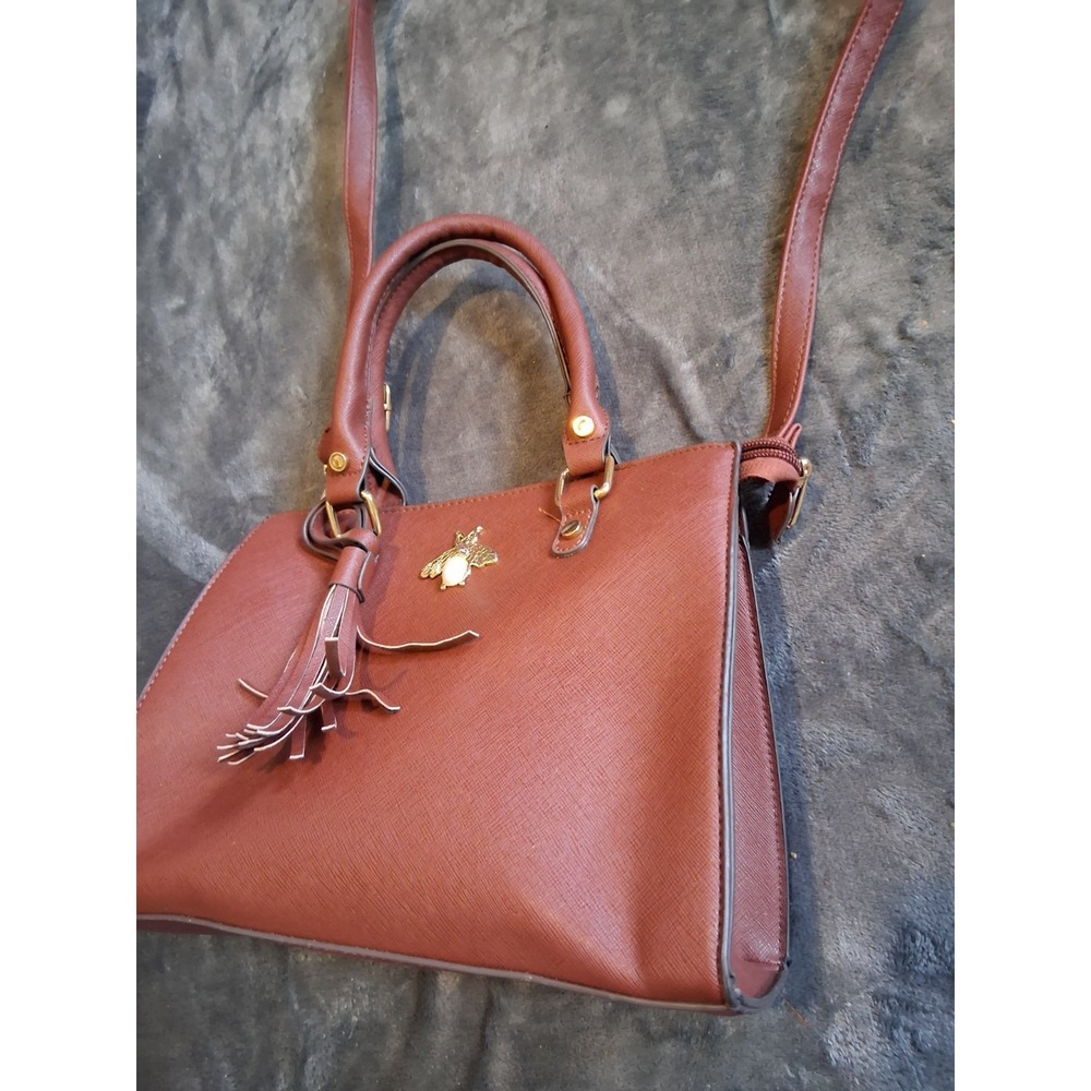 Brown Structured Satchel Bee Accent Tassel Gold Hardware Top Handle Shoulder Bag - Picture 6 of 16